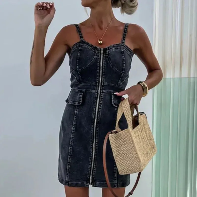 Off Shoulder Waist Strap Summer Zip Backless Office Denim Backless Slim Elegant Elegant Dress