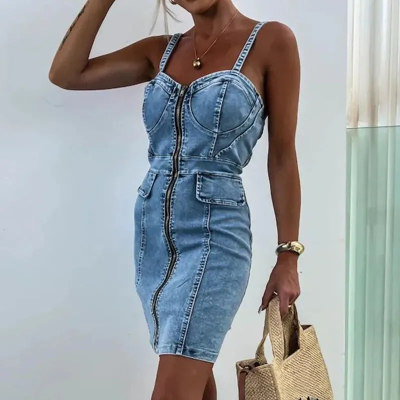 Off Shoulder Waist Strap Summer Zip Backless Office Denim Backless Slim Elegant Elegant Dress