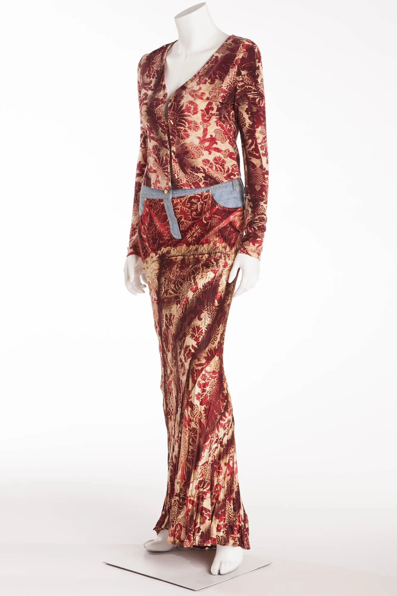 Roberto Cavalli - Vintage 2001 Fall Collection - Red and Beige 2pc Set Shirt and Skirt - S