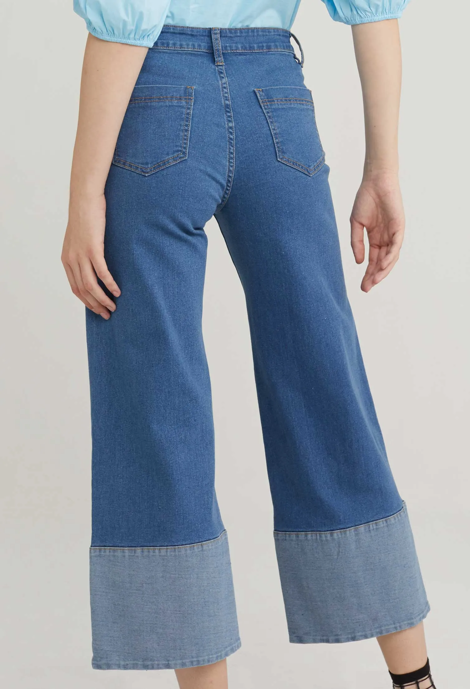 Rolled Hem Straight Cut Denim Trousers