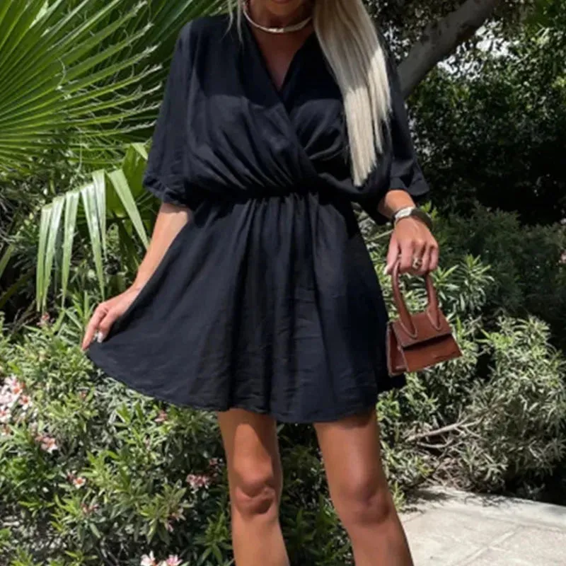 Vacation Solid Pleat Mini Dress 2024 Casual Short Sleeved Women Elegant Elegant Dress