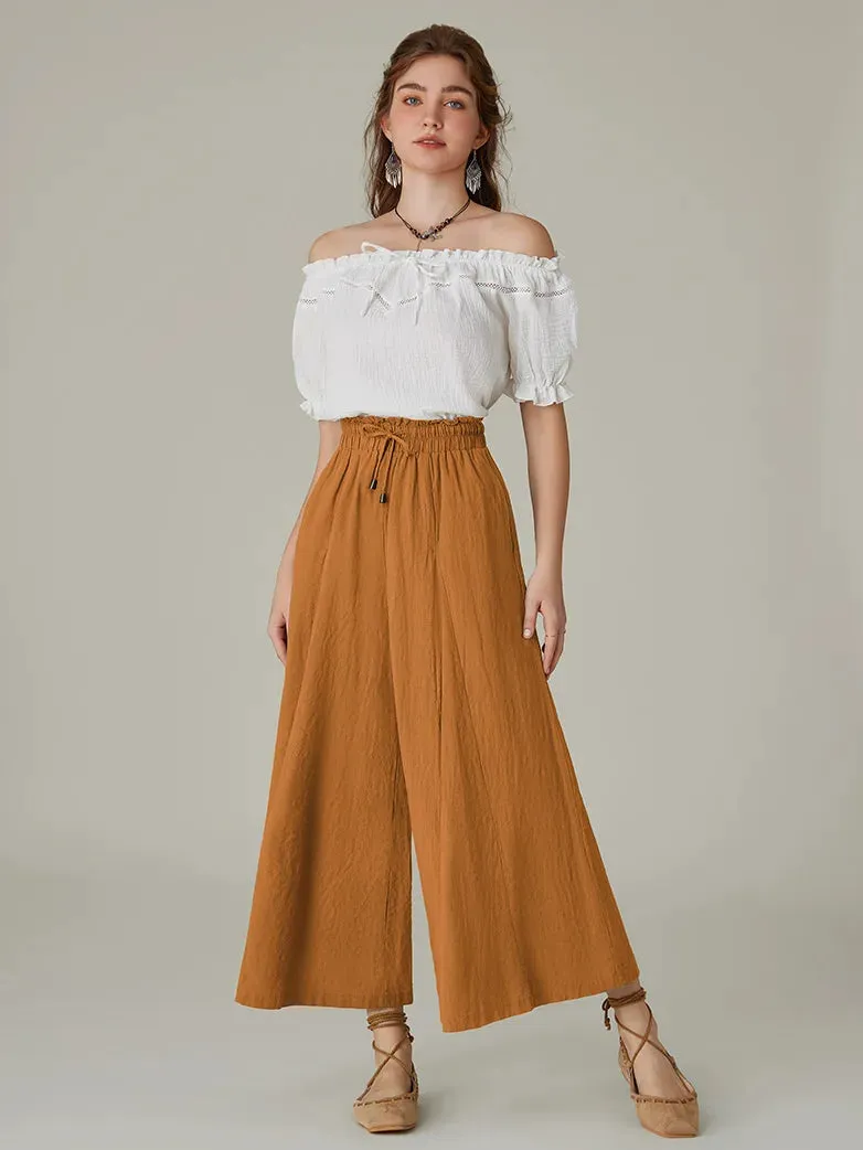Women Cotton Renaissance Drawstring Palazzo Pants with Pocket