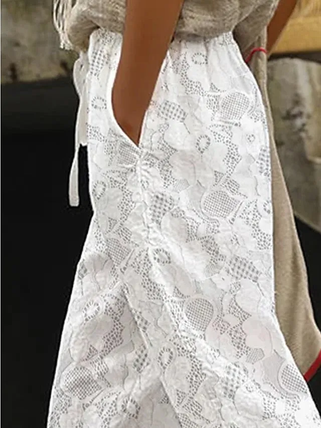 Women's Pants Trousers Pearl White White Fashion Holiday Weekend Side Pockets Full Length Comfort Floral S M L XL 2XL